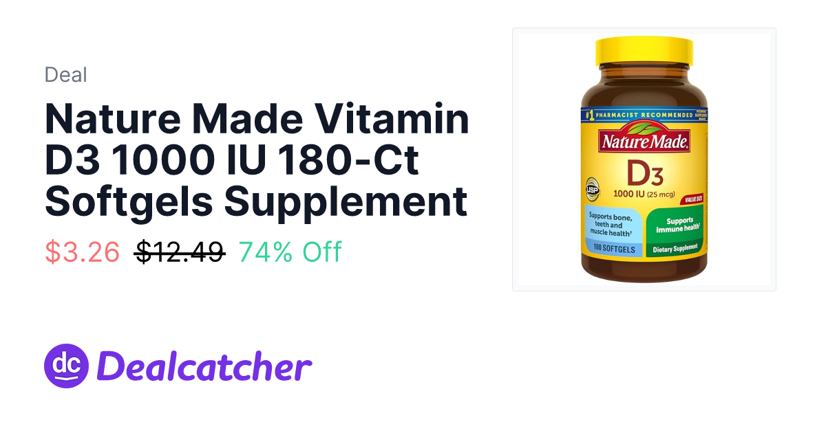 Amazon - Nature Made Vitamin D3 1000 IU 180-Ct Softgels Supplement $3.26