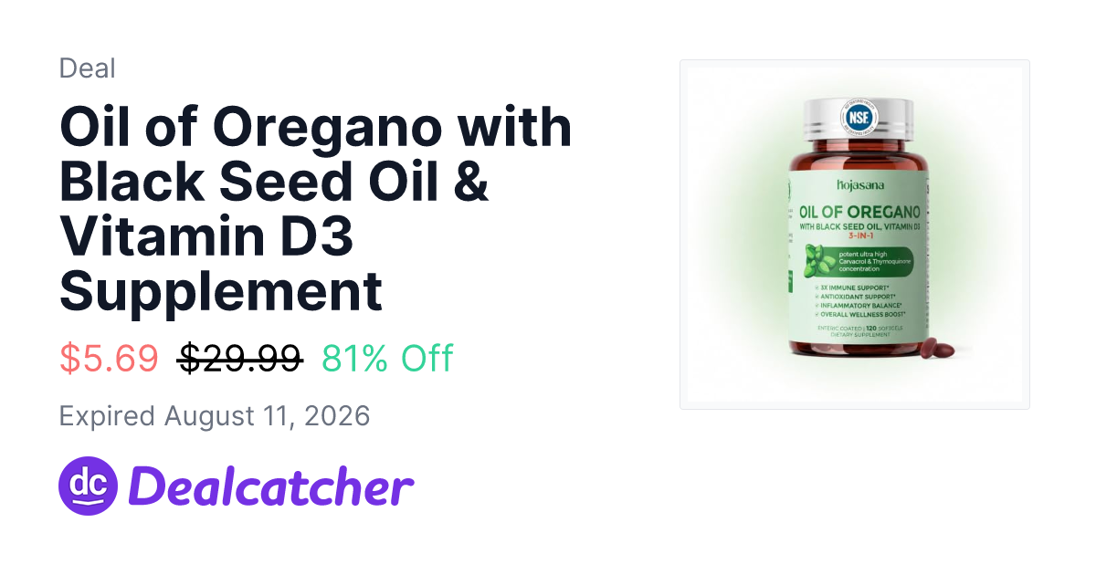 Amazon - Oil of Oregano with Black Seed Oil & Vitamin D3 Supplement $5.69