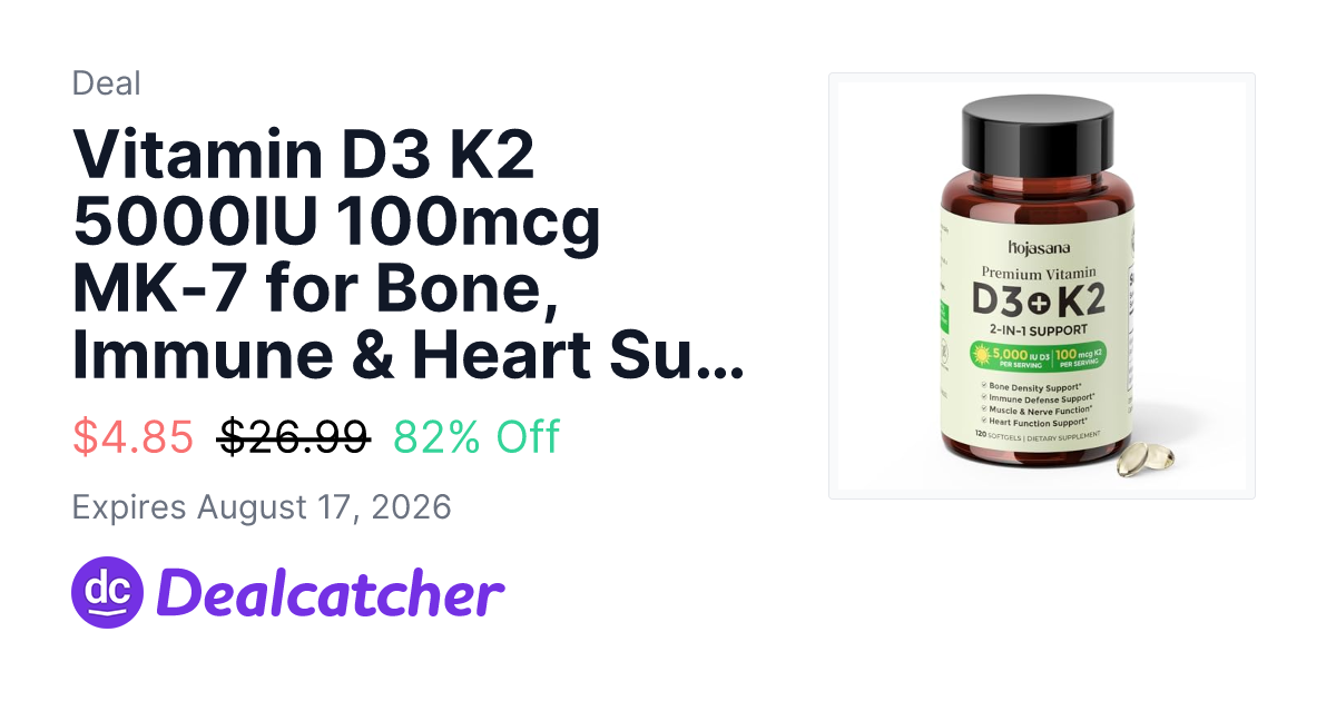 Amazon - Vitamin D3 K2 5000IU 100mcg MK-7 for Bone, Immune & Heart Support $4.85