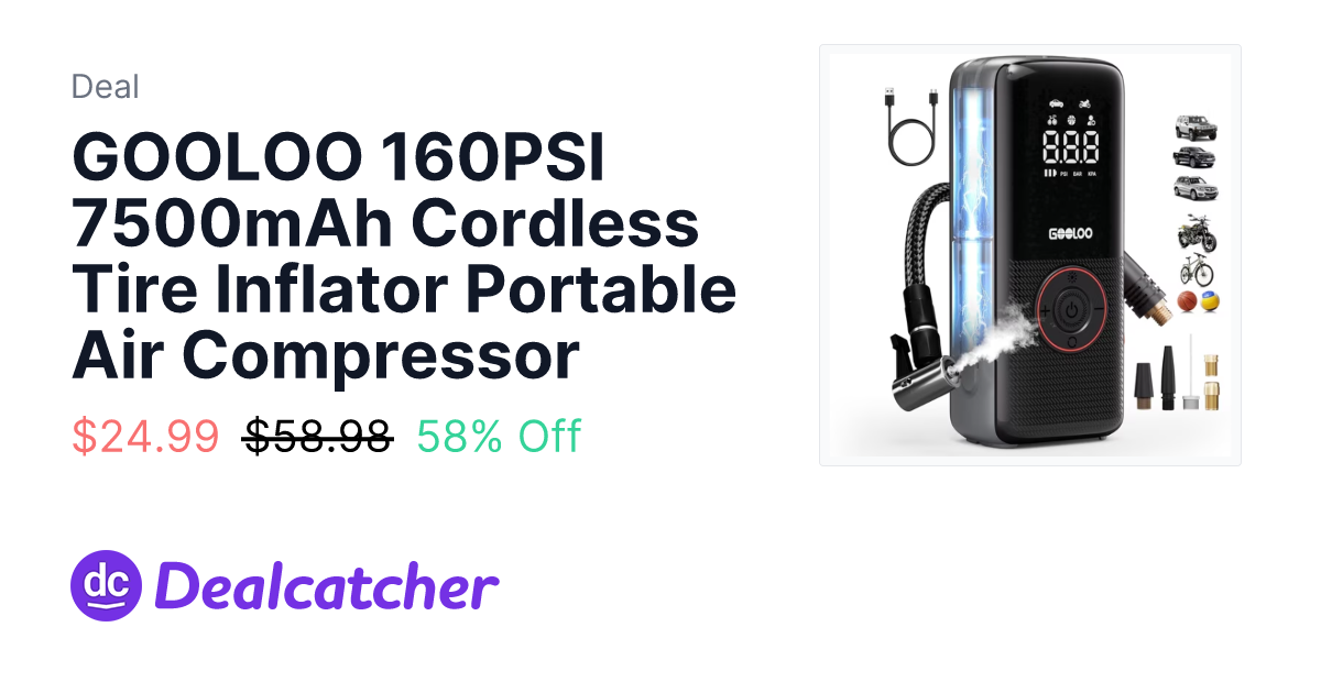 GOOLOO 160PSI 7500mAh Cordless Tire Inflator Portable Air Compressor ...