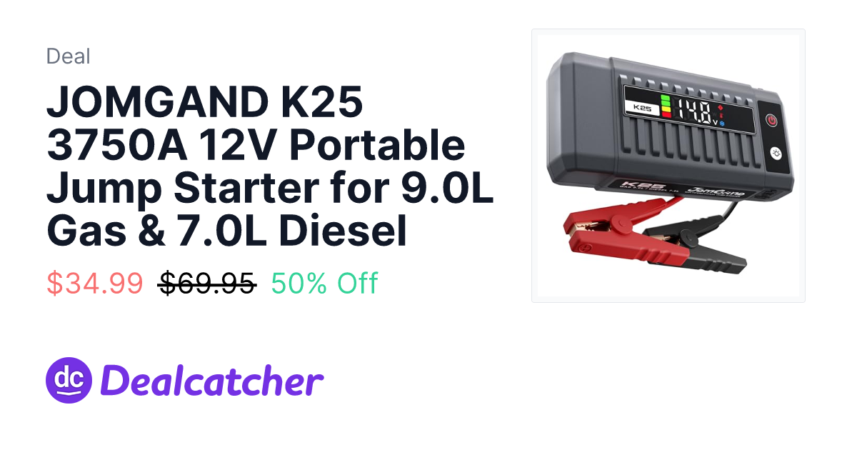 Amazon - JOMGAND K25 3750A 12V Portable Jump Starter for 9.0L Gas & 7.0L Diesel $34.99