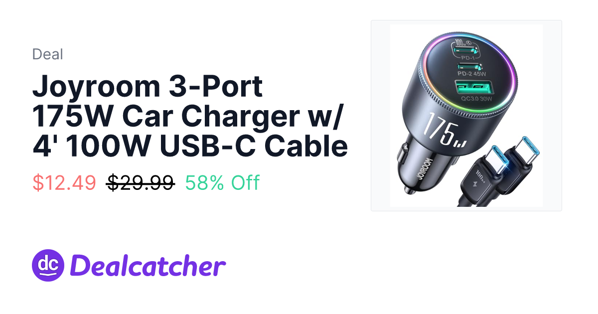 Amazon - Joyroom 3-Port 175W Car Charger w/ 4' 100W USB-C Cable $12.49