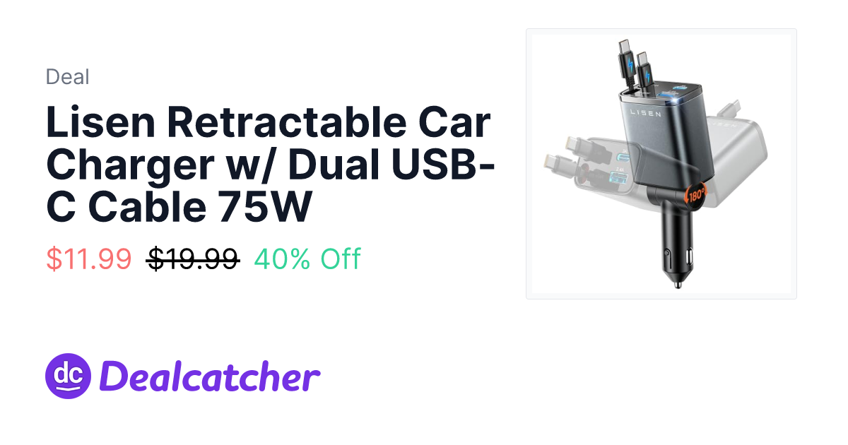 Amazon - Lisen Retractable Car Charger w/ Dual USB-C Cable 75W $11.99