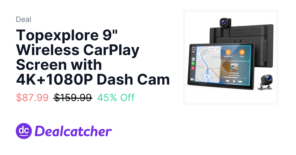 Amazon - Topexplore 9" Wireless CarPlay Screen with 4K+1080P Dash Cam $87.99