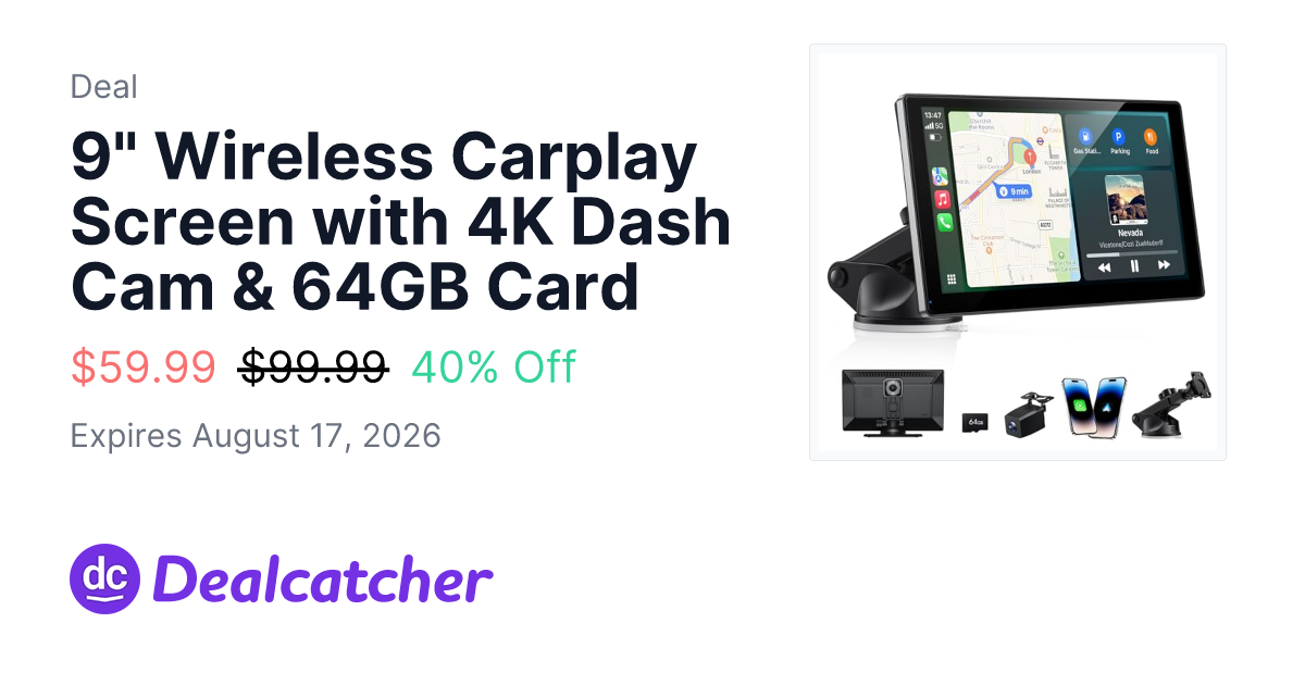 Amazon - 9" Wireless Carplay Screen with 4K Dash Cam & 64GB Card $59.99