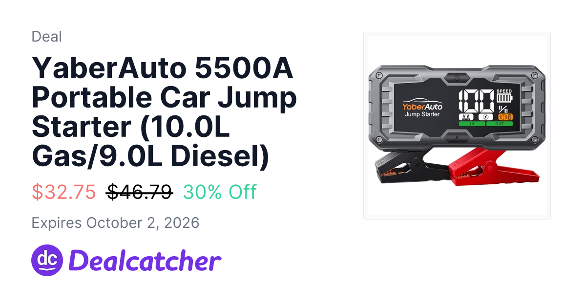 Amazon - YaberAuto 5500A Portable Car Jump Starter (10.0L Gas/9.0L Diesel) $32.75