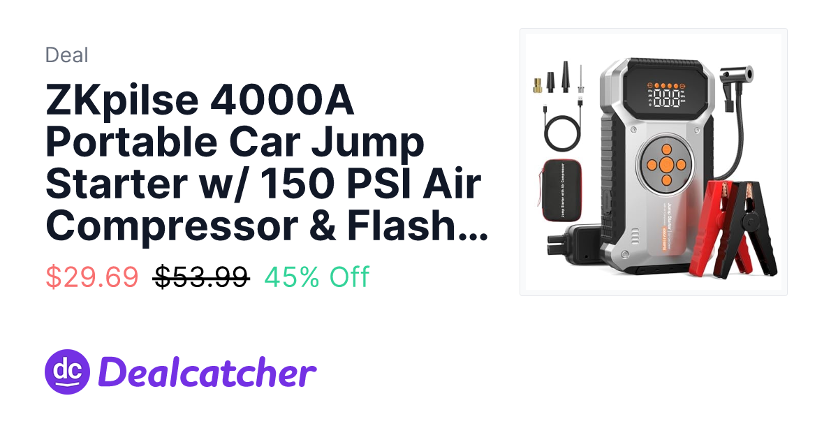 Amazon - ZKpilse 4000A Portable Car Jump Starter w/ 150 PSI Air Compressor & Flashlight $29.69