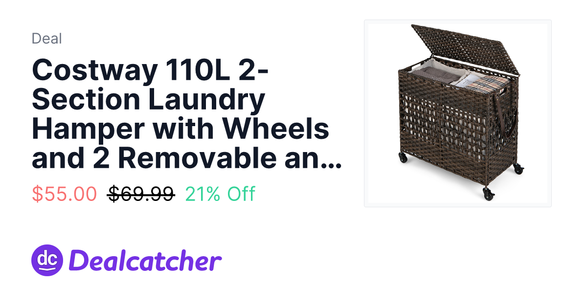Costway - Costway 110L 2-Section Laundry Hamper with Wheels and 2 Removable and Washable Liner Bags $55.00