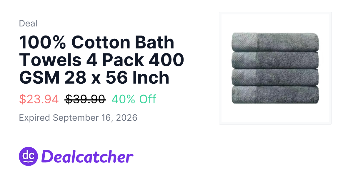 Amazon - 100% Cotton Bath Towels 4 Pack 400 GSM 28 x 56 Inch $23.94