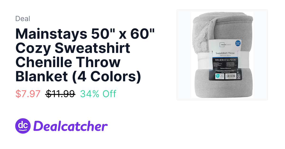 Walmart - Mainstays 50" x 60" Cozy Sweatshirt Chenille Throw Blanket (4 Colors) $7.97