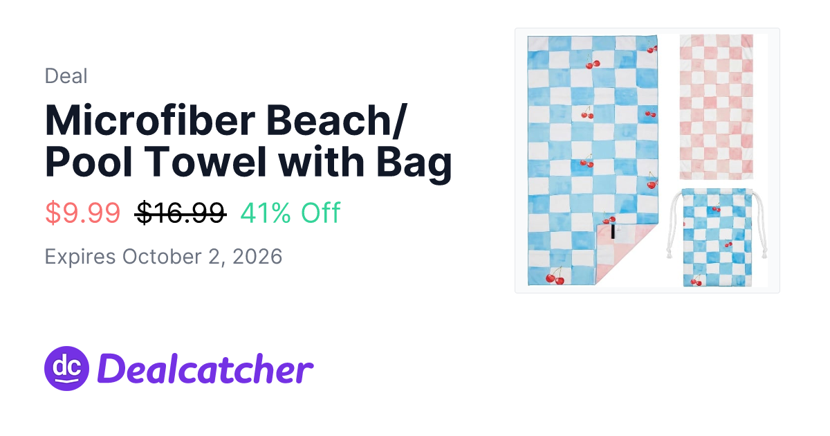 Amazon - Microfiber Beach/Pool Towel with Bag $9.99