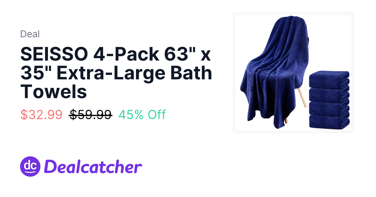 Amazon - SEISSO 4-Pack 63" x 35" Extra-Large Bath Towels $32.99