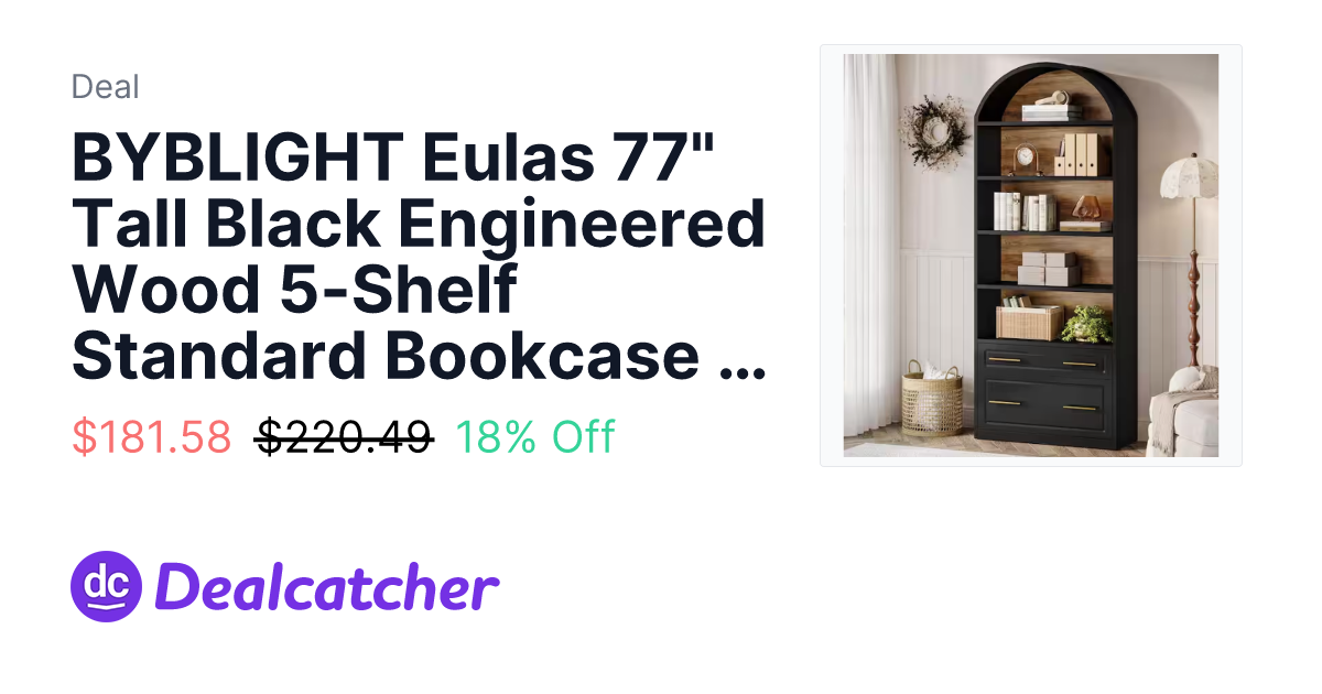 Home Depot - BYBLIGHT Eulas 77" Tall Black Engineered Wood 5-Shelf Standard Bookcase with File Cabinet Drawer $181.58