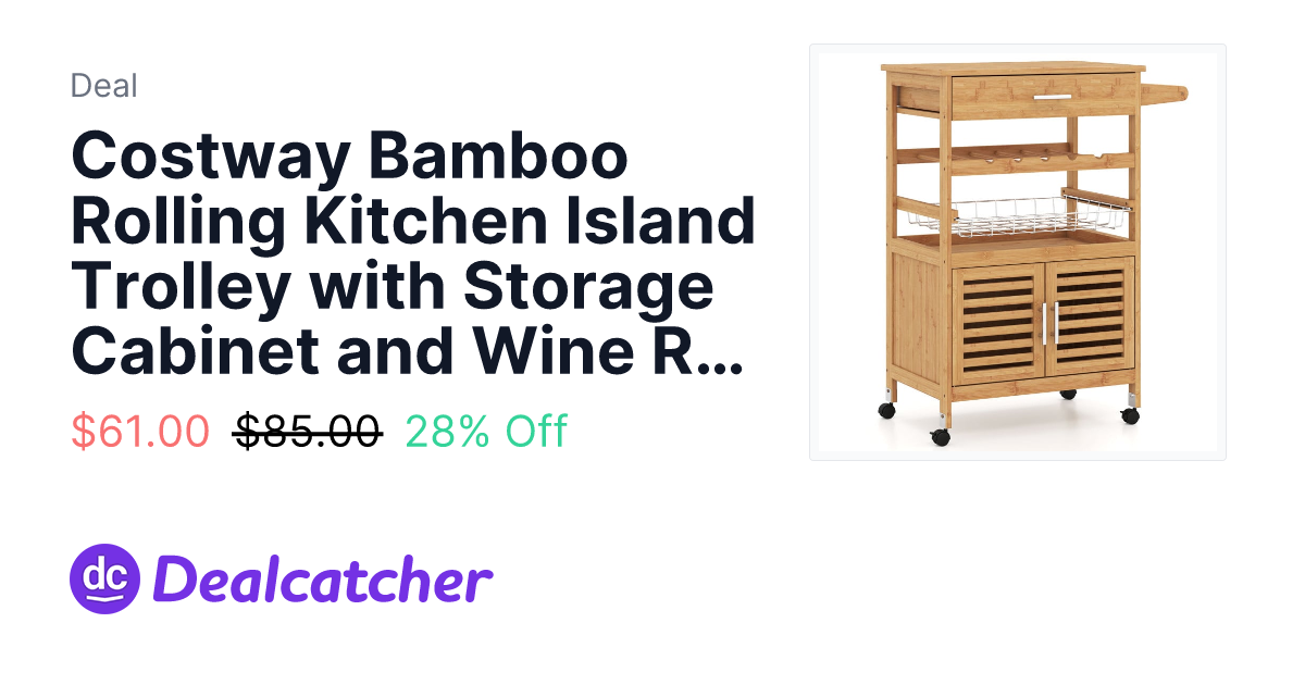 Costway - Costway Bamboo Rolling Kitchen Island Trolley with Storage Cabinet and Wine Rack $61.00