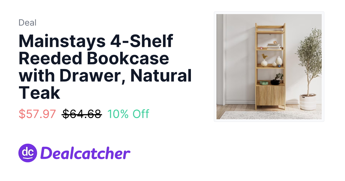 Walmart - Mainstays 4-Shelf Reeded Bookcase with Drawer, Natural Teak $57.97