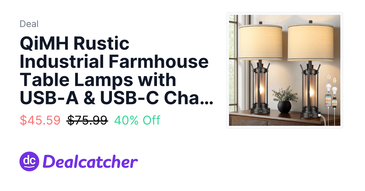 Amazon - QiMH Rustic Industrial Farmhouse Table Lamps with USB-A & USB-C Charging Ports 2-Pack $45.59