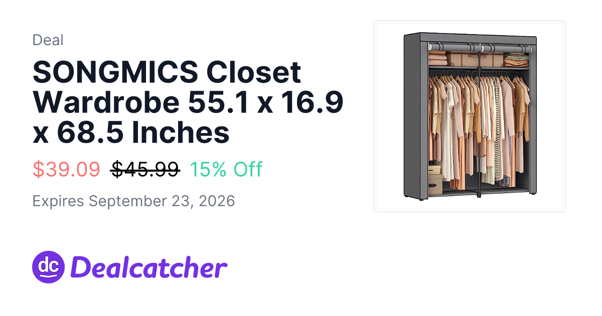 Amazon - SONGMICS Closet Wardrobe 55.1 x 16.9 x 68.5 Inches $39.09