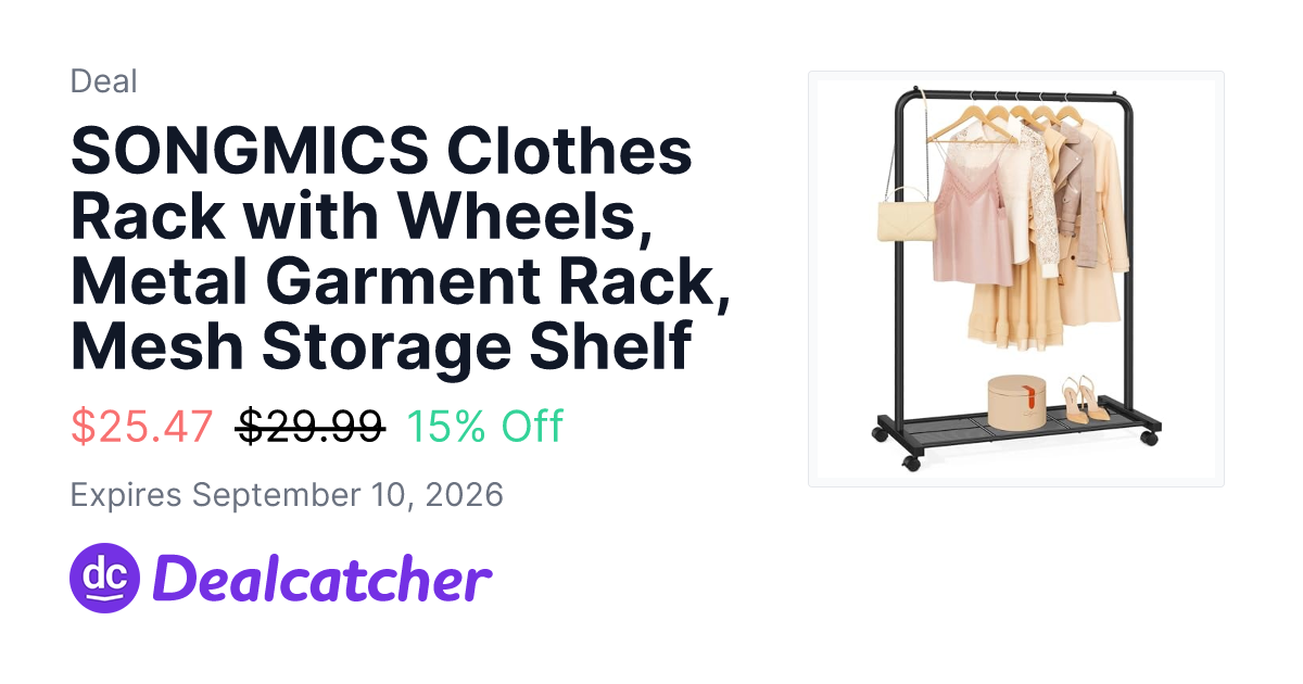 Amazon - SONGMICS Clothes Rack with Wheels, Metal Garment Rack, Mesh Storage Shelf $25.47