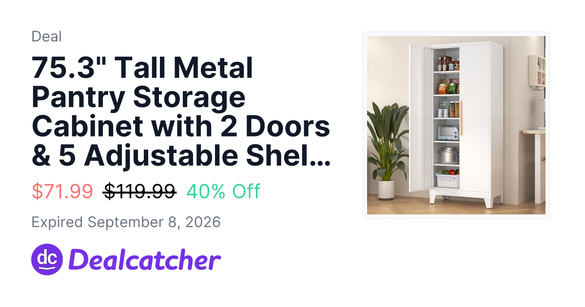 Amazon - 75.3" Tall Metal Pantry Storage Cabinet with 2 Doors & 5 Adjustable Shelves $71.99
