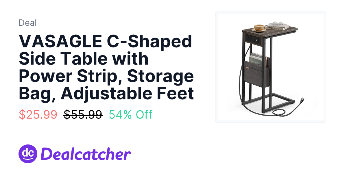 Amazon - VASAGLE C-Shaped Side Table with Power Strip, Storage Bag, Adjustable Feet $25.99
