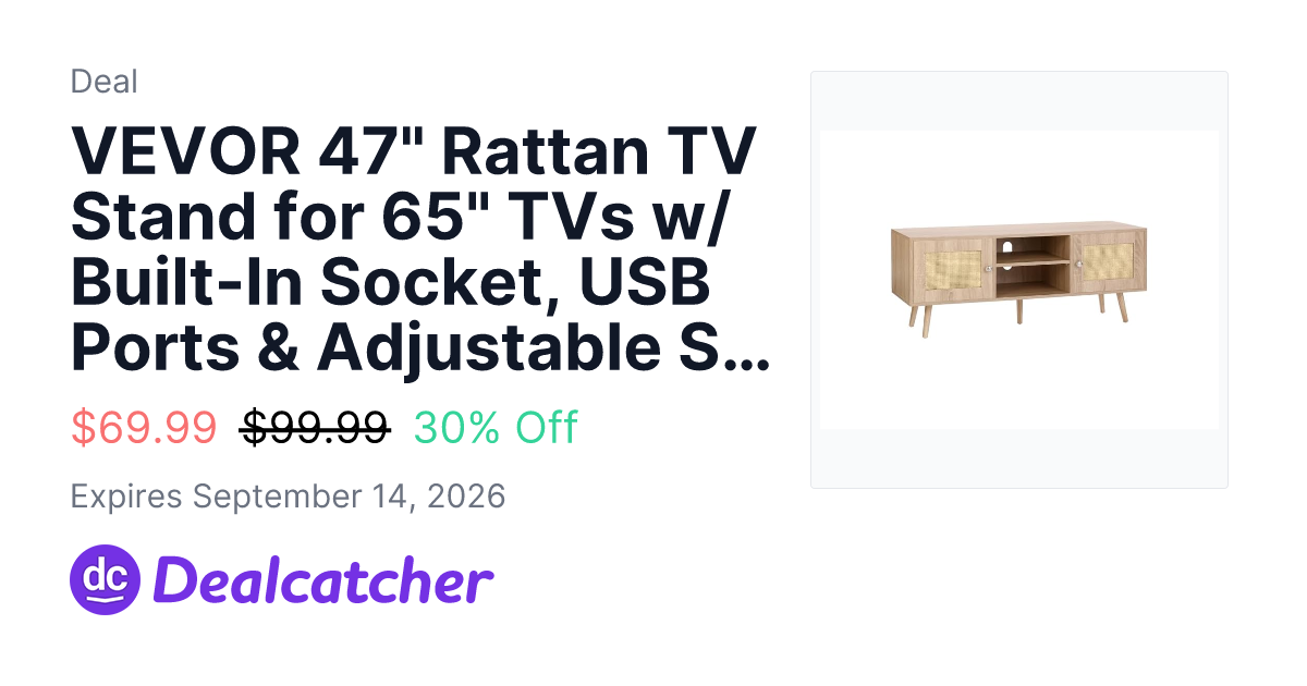 Woot - VEVOR 47" Rattan TV Stand for 65" TVs w/ Built-In Socket, USB Ports & Adjustable Shelf (Oak) $69.99