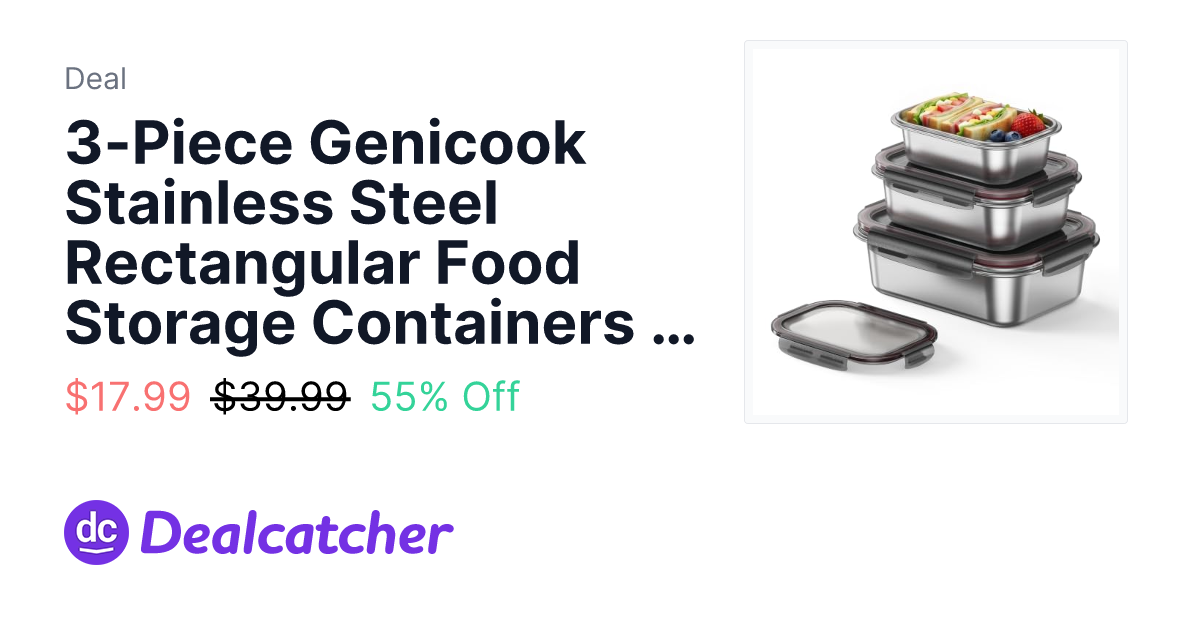 Amazon - 3-Piece Genicook Stainless Steel Rectangular Food Storage Containers (Small 22oz, Medium 44oz, Large 76oz) $17.99