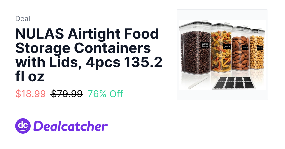 Walmart - NULAS Airtight Food Storage Containers with Lids, 4pcs 135.2 fl oz $18.99