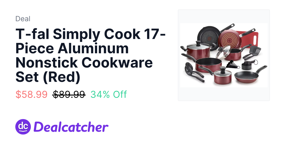 eBay - T-fal Simply Cook 17-Piece Aluminum Nonstick Cookware Set (Red) $58.99