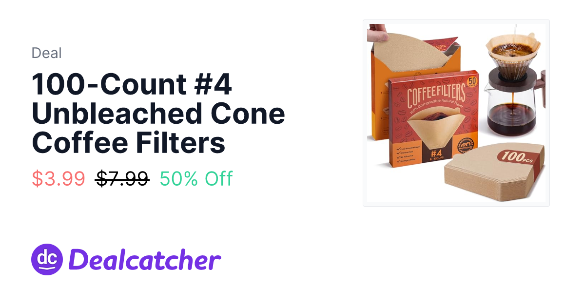 Amazon - 100-Count #4 Unbleached Cone Coffee Filters $3.99