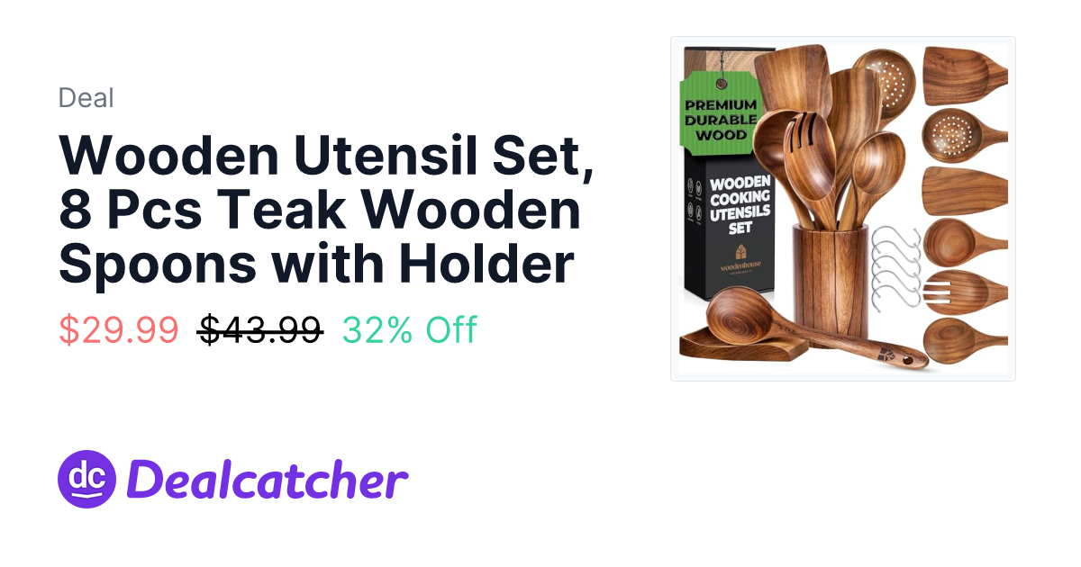 Amazon - Wooden Utensil Set, 8 Pcs Teak Wooden Spoons with Holder $29.99