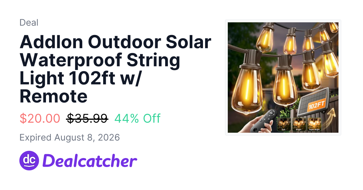 Amazon - Addlon Outdoor Solar Waterproof String Light 102ft w/ Remote $20.00