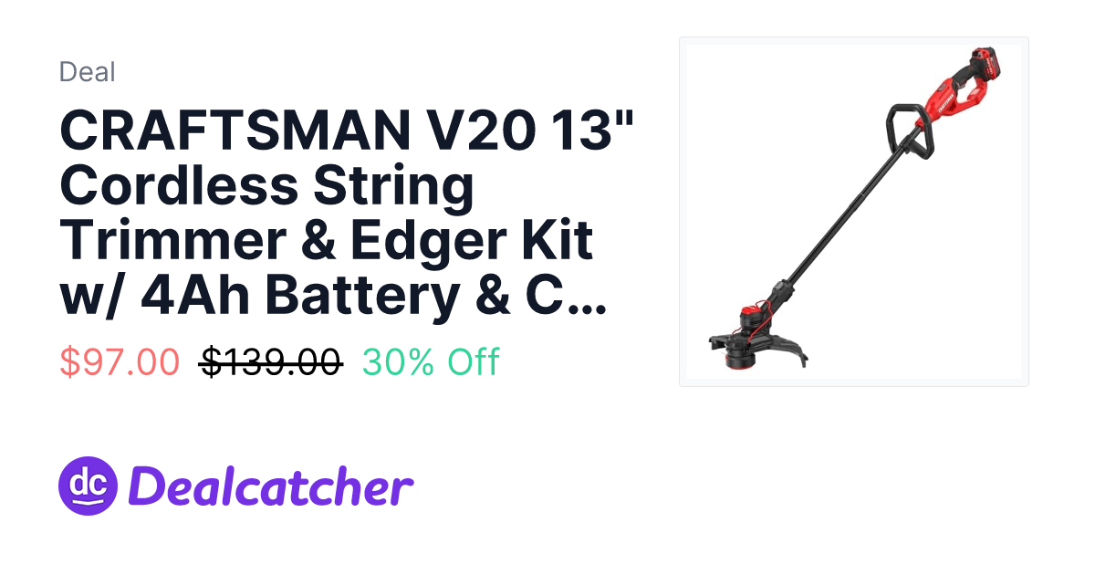 Amazon - CRAFTSMAN V20 13" Cordless String Trimmer & Edger Kit w/ 4Ah Battery & Charger $97.00