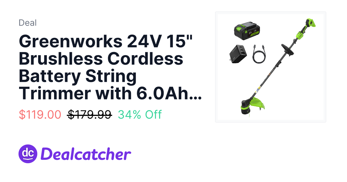 Greenworks Tools - Greenworks 24V 15" Brushless Cordless Battery String Trimmer with 6.0Ah Battery and 65W USB-C Fast Charger $119.00