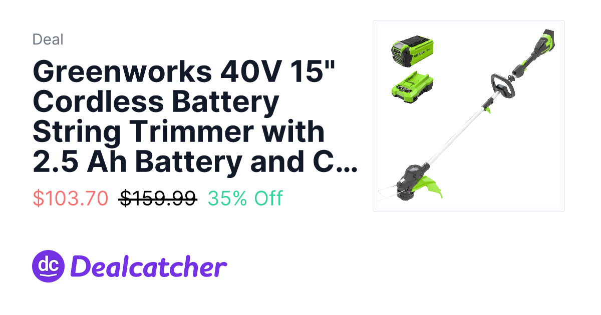 Greenworks Tools - Greenworks 40V 15" Cordless Battery String Trimmer with 2.5 Ah Battery and Charger $103.70