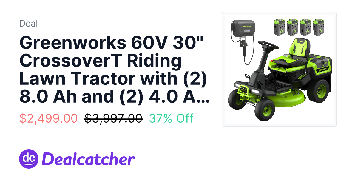 Walmart - Greenworks 60V 30" CrossoverT Riding Lawn Tractor with (2) 8.0 Ah and (2) 4.0 Ah Batteries $2,499.00