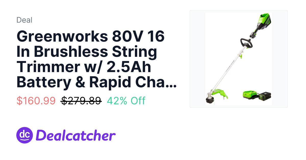 Walmart - Greenworks 80V 16 In Brushless String Trimmer w/ 2.5Ah Battery & Rapid Charger $160.99