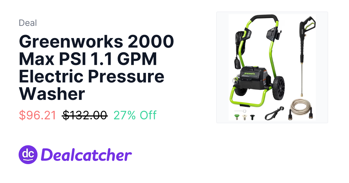Walmart - Greenworks 2000 Max PSI 1.1 GPM Electric Pressure Washer $96.21