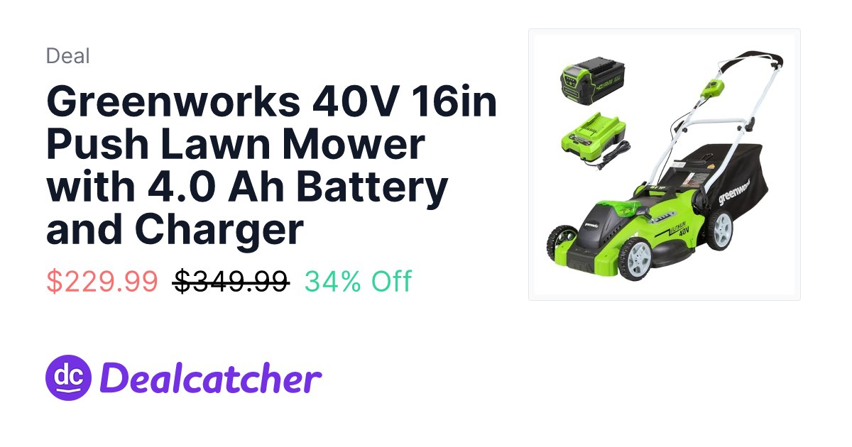 Amazon - Greenworks 40V 16in Push Lawn Mower with 4.0 Ah Battery and Charger $229.99