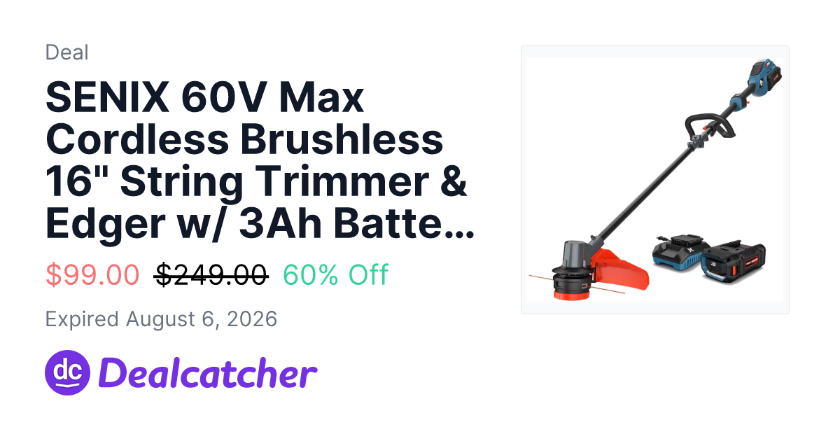Lowes - SENIX 60V Max Cordless Brushless 16" String Trimmer & Edger w/ 3Ah Battery & Charger $99.00