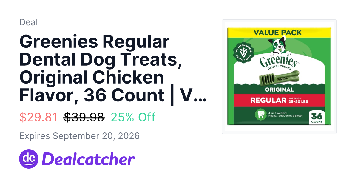 Amazon - Greenies Regular Dental Dog Treats, Original Chicken Flavor, 36 Count | Veterinarian-recommended, supports oral health & freshens breath, clean to gumline, for dogs 25-50 lbs, chicken flavor $29.81