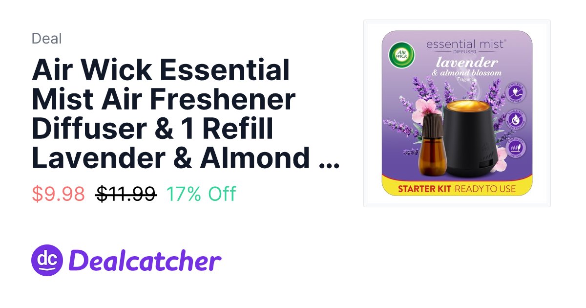 Amazon - Air Wick Essential Mist Air Freshener Diffuser & 1 Refill Lavender & Almond | Air Wick Essential Mist home diffuser includes Diffuser + 1 count Lavender Almond Blossom refill infused with essential oils. $9.98