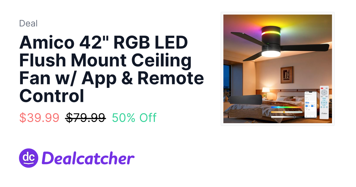 Amazon - Amico 42" RGB LED Flush Mount Ceiling Fan w/ App & Remote Control $39.99