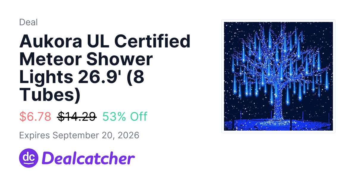 Amazon - Aukora UL Certified Meteor Shower Lights 26.9' (8 Tubes) $6.78