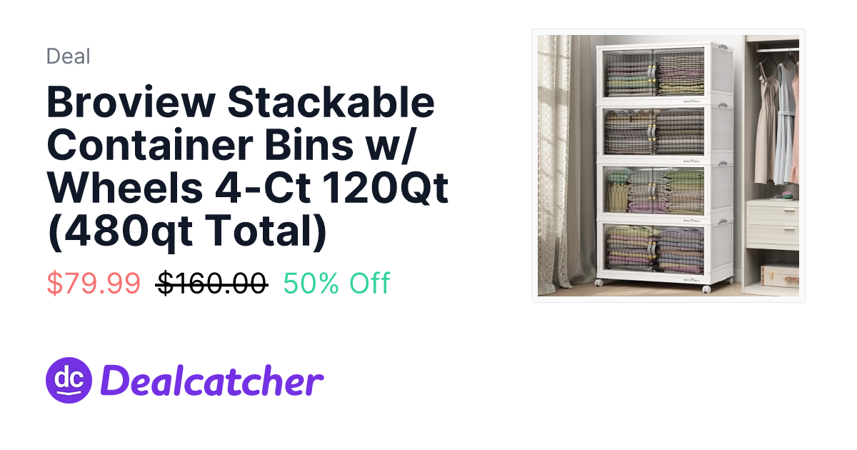 Amazon - Broview Stackable Container Bins w/ Wheels 4-Ct 120Qt (480qt Total) $79.99