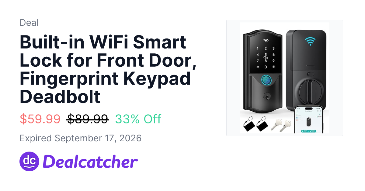 Amazon - Built-in WiFi Smart Lock for Front Door, Fingerprint Keypad Deadbolt $59.99
