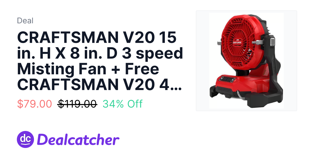 Ace Hardware - CRAFTSMAN V20 15 in. H X 8 in. D 3 speed Misting Fan + Free CRAFTSMAN V20 4 Ah Lithium-Ion Battery and Charger $79.00