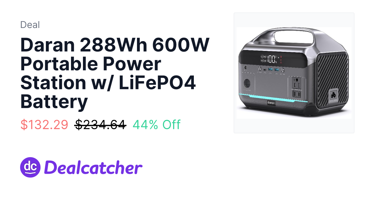 Amazon - Daran 288Wh 600W Portable Power Station w/ LiFePO4 Battery $132.29