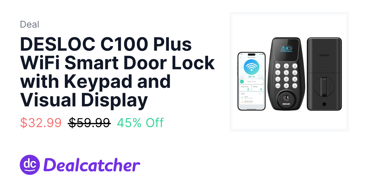 Amazon - DESLOC C100 Plus WiFi Smart Door Lock with Keypad and Visual Display $32.99
