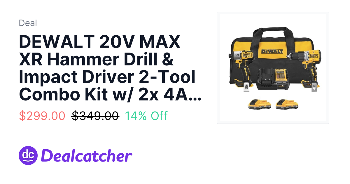Amazon - DEWALT 20V MAX XR Hammer Drill & Impact Driver 2-Tool Combo Kit w/ 2x 4Ah Batteries $299.00