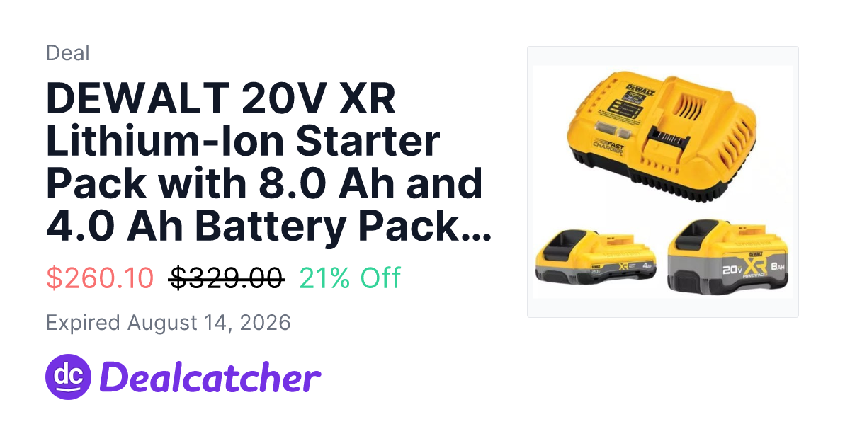 Home Depot - DEWALT 20V XR Lithium-Ion Starter Pack with 8.0 Ah and 4.0 Ah Battery Packs and Charger $260.10